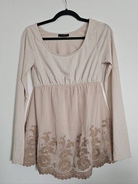 Rienda Gyaru Japan Blush Pink Beige Long Sleeve Embroidered Babydoll Top
